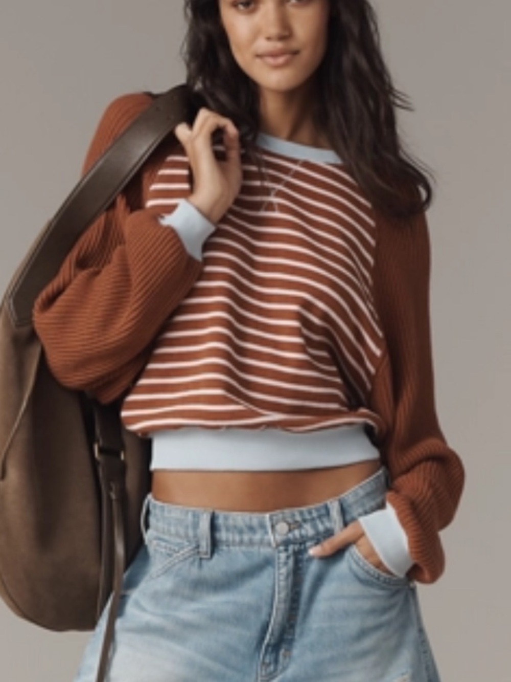 Pilcro Niki Knit Sleeve Striped Crewneck Sweater with Light Blue Trim